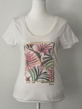 Guess White Scoop Tee with Pink & Green Tropical Print and Gold Sequin Trim